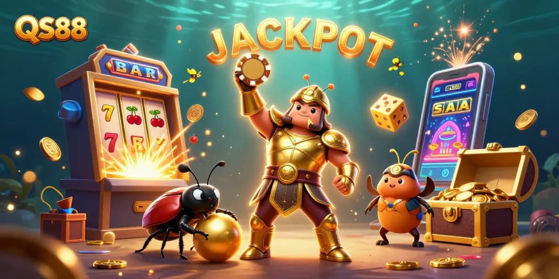Experience the thrill of QS88 with vibrant gaming illustrated by a roaring jackpot and lively characters.