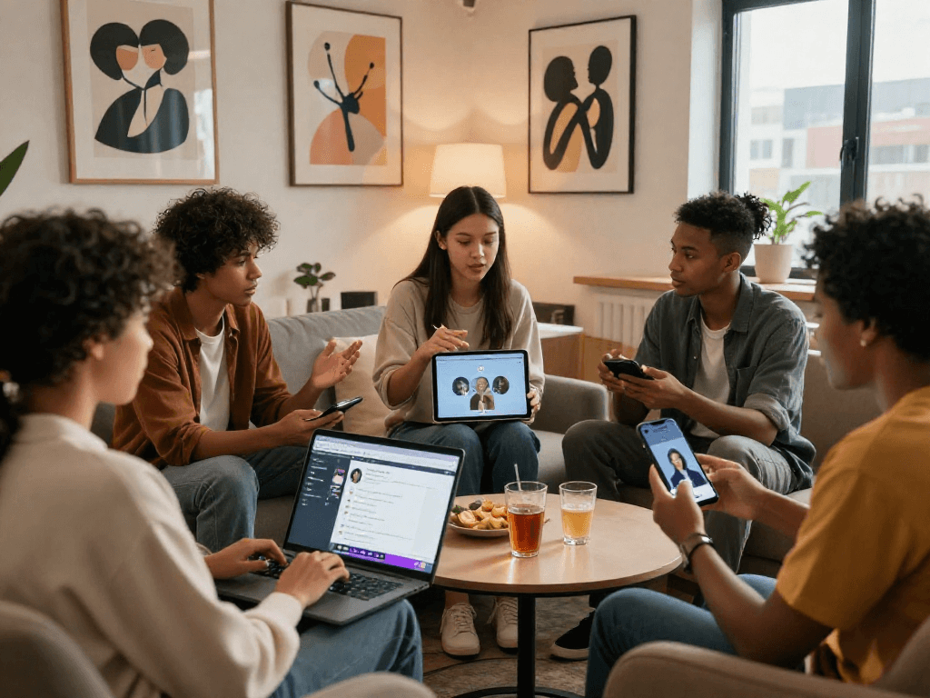 Engaging group discussion on sex ai in a modern lounge setting, highlighting innovative applications for relationships.