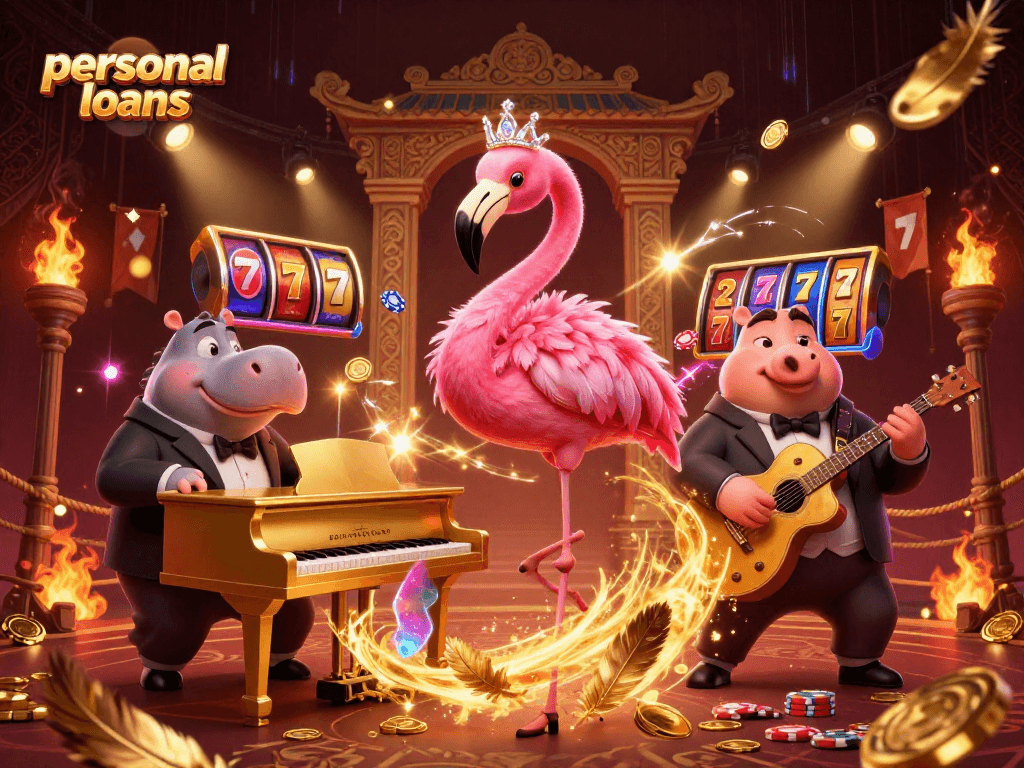 Engage with personal loans, featuring a lively casino scene of a flamingo singer and a hippo bassist.