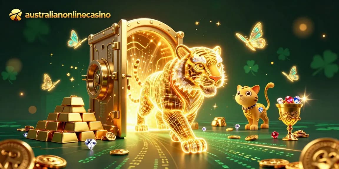 Experience exciting wins at australianonlinecasino with a golden tiger in a digital casino setting.