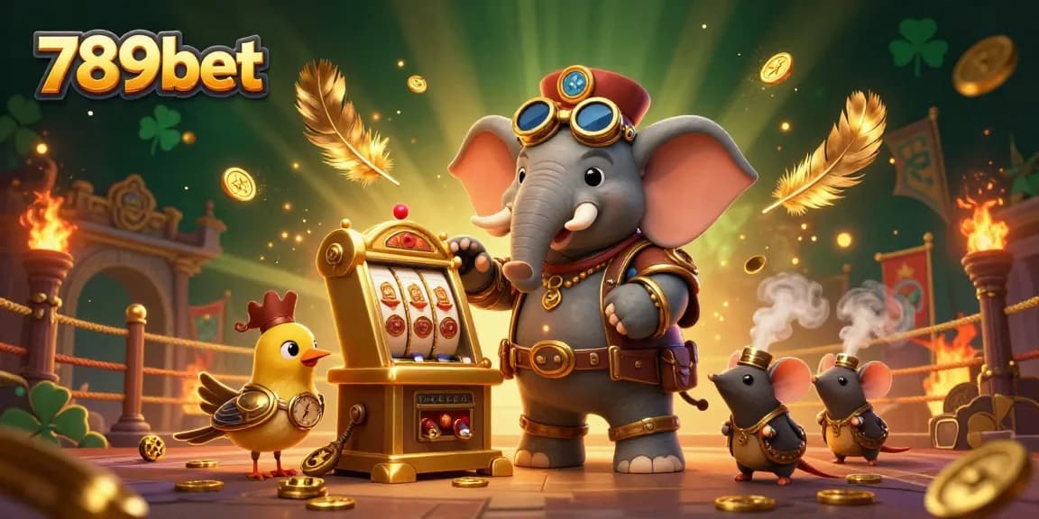 Experience thrilling gameplay at 789bet with a steampunk elephant amidst golden coins and atmospheric effects.