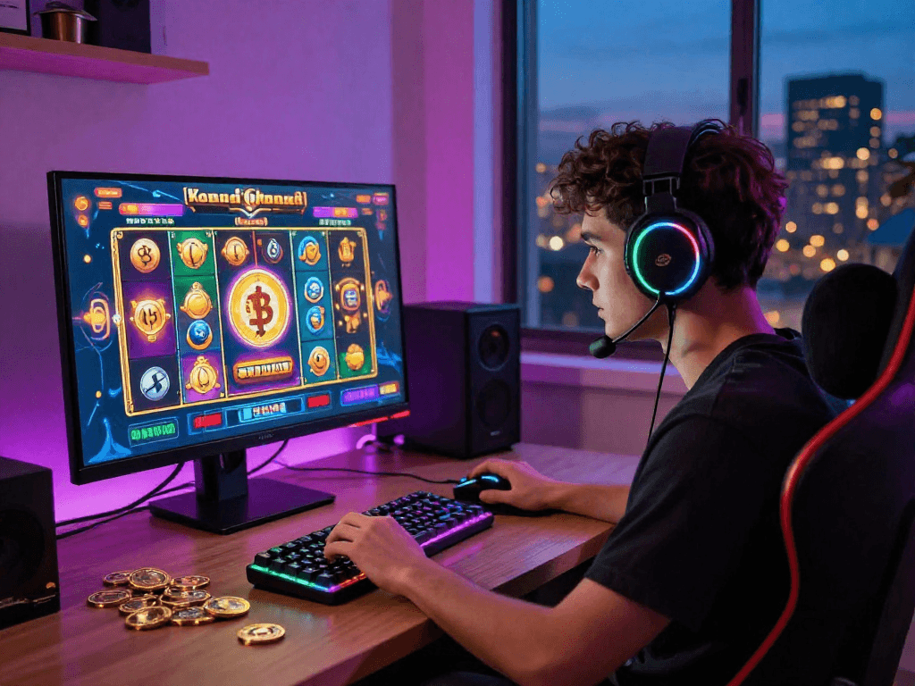 Enthusiastic player enjoying a crypto casino game in a vibrant online gaming setup, showcasing immersive technology and excitement.