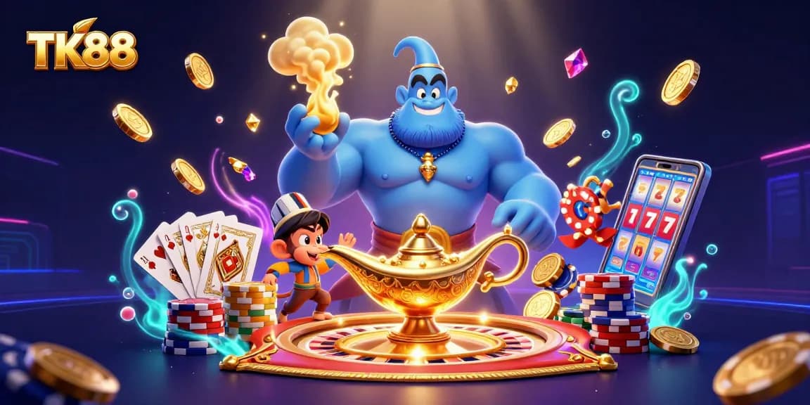 Engage with the thrilling world of TK88 as a muscular genie bursts forth among poker chips and golden coins.
