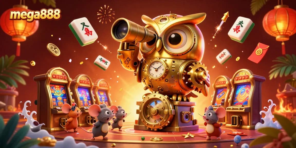 Experience mega888's rich gaming world with rotating clockwork owl and bustling casino atmosphere.
