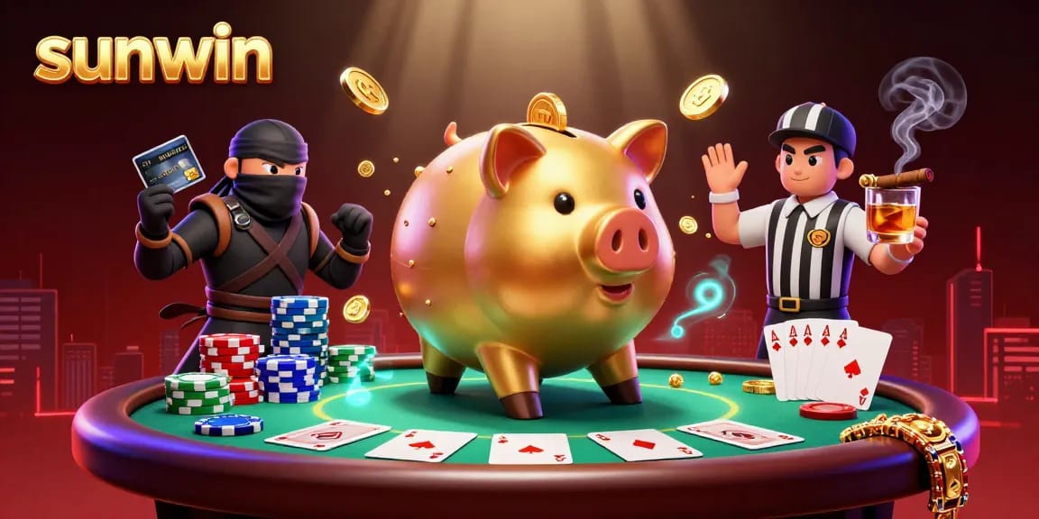 Engage with sunwin and experience a vibrant 3D cartoon illustration of a golden piggy bank sumo wrestler amidst a lively poker game.