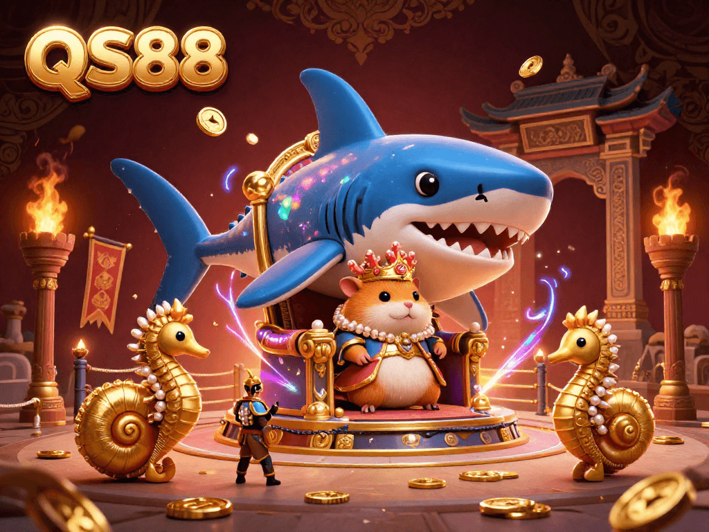 Engage with QS88 by experiencing the fierce golden hamster king and seahorse guards in a vibrant casino arena.