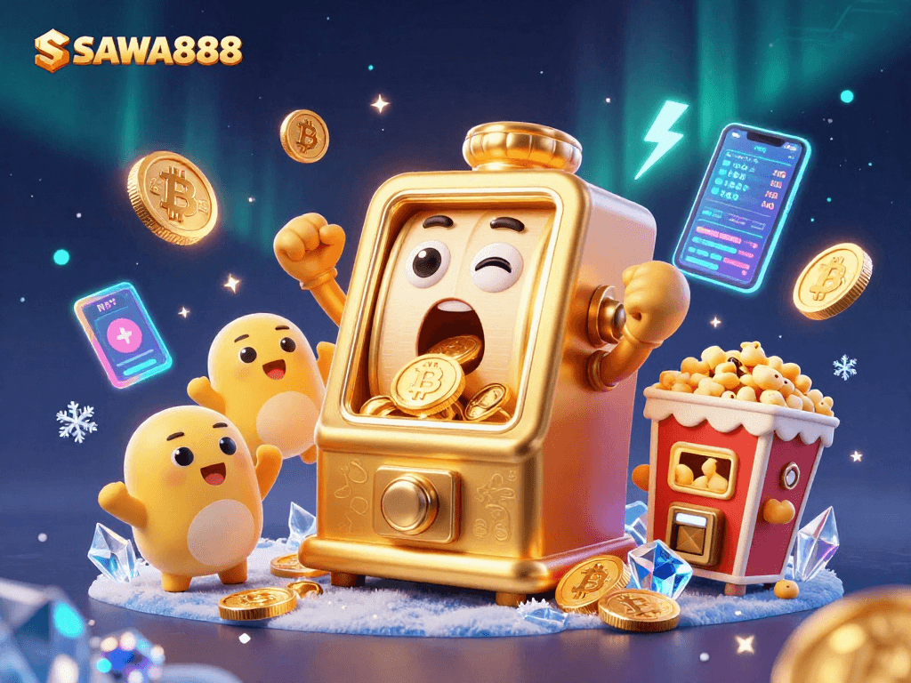 Experience SAWA888 as golden slot machines celebrate a jackpot with cryptocurrency elements around them.