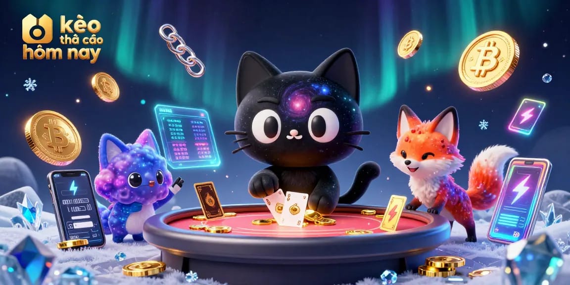 Engage with kèo nhà cái hôm nay and vibrant cosmic casino elements featuring playful characters and cryptocurrency.