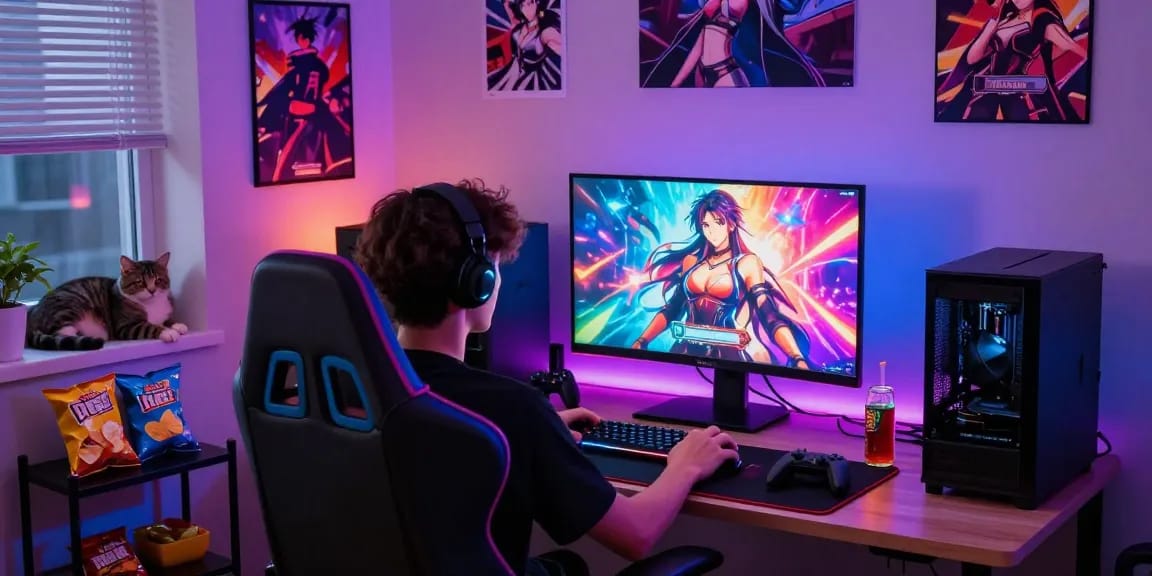 Player enjoying hentai games on a vibrant gaming setup with engaging atmosphere.