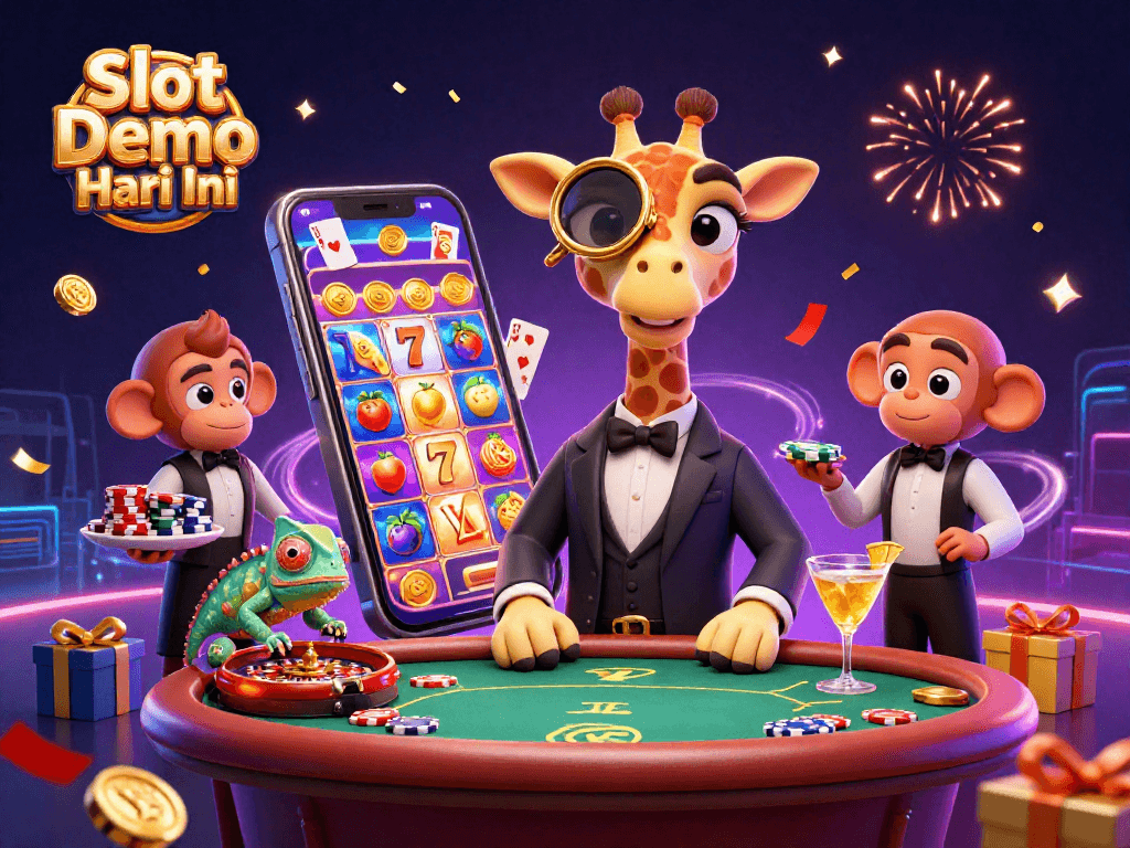 Spin the reels with Slot Demo Gacor Hari Ini as a giraffe, monkey, and chameleon celebrate in a vibrant casino.