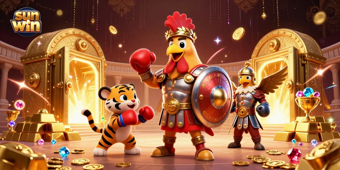 Win big at sun win with a dynamic 3D casino scene featuring vibrant characters and treasures.