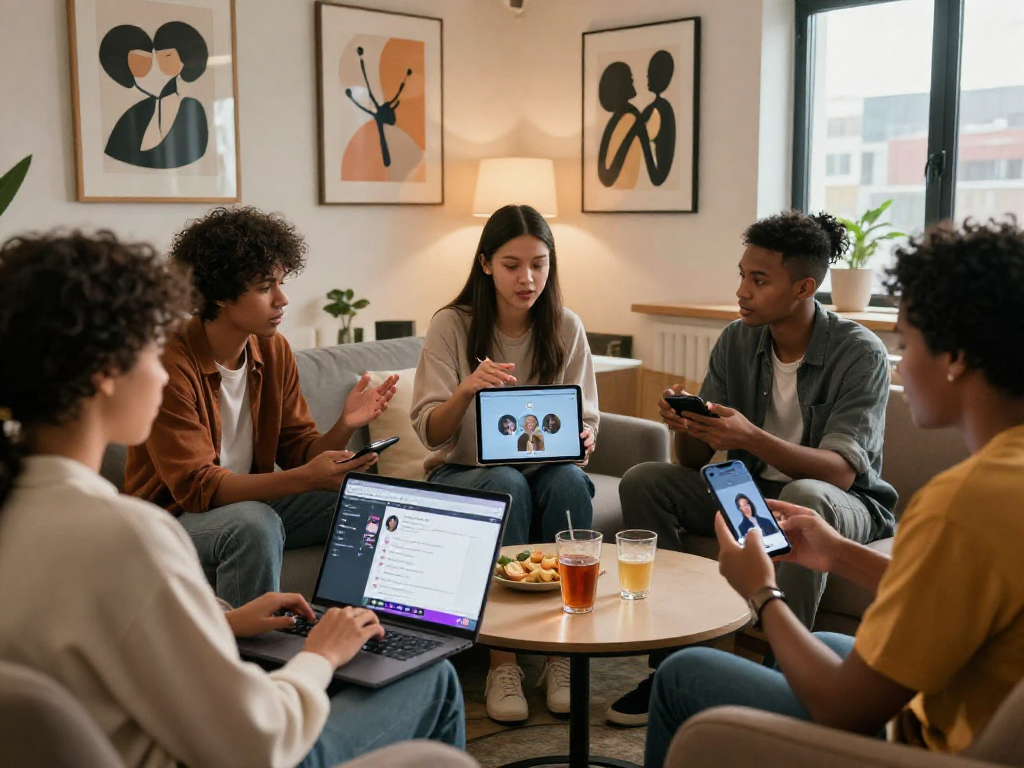 Engaging group discussion on sex ai in a modern lounge setting, highlighting innovative applications for relationships.