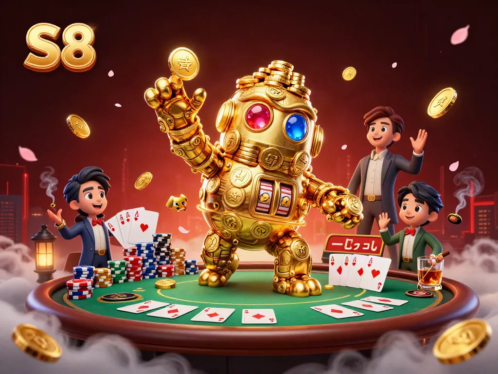 Engage with S8's thrilling casino experience through a vibrant scene of card games and gold.