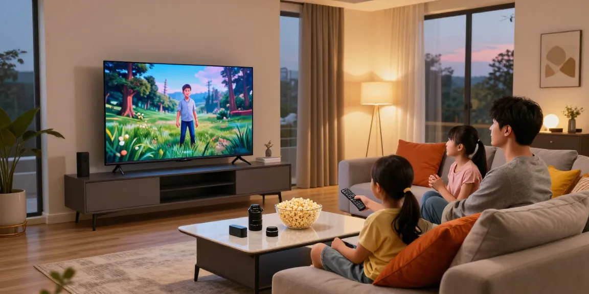 Cozy living room with family enjoying movie night on a mini LED TV, modern decor, and ambient lighting.