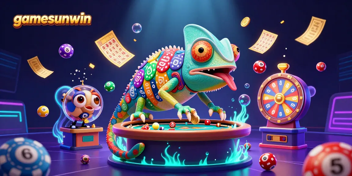 Engage with gamesunwin's vibrant 3D casino adventure featuring lottery balls and a chameleon holding golden coins.