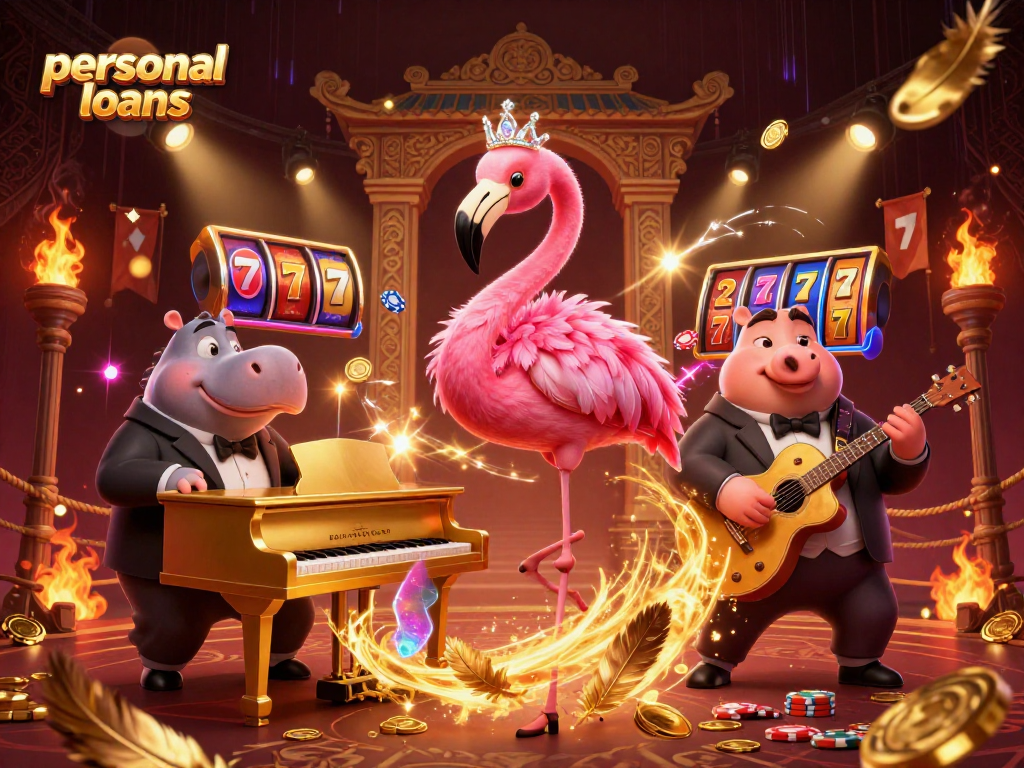 Engage with personal loans, featuring a lively casino scene of a flamingo singer and a hippo bassist.