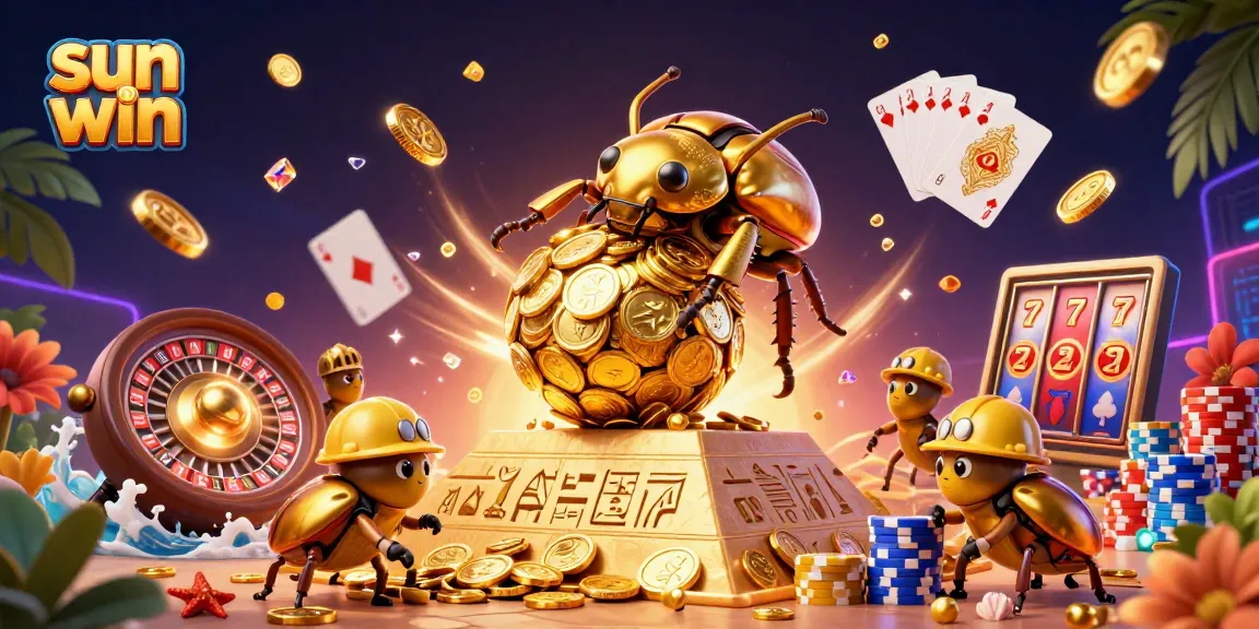 Experience the excitement of sun win with animated beetles and casino elements in a vibrant casino scene.