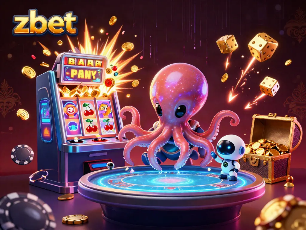 Experience the excitement of zbet with a colorful 3D casino illustration featuring an alien octopus and dynamic game elements.