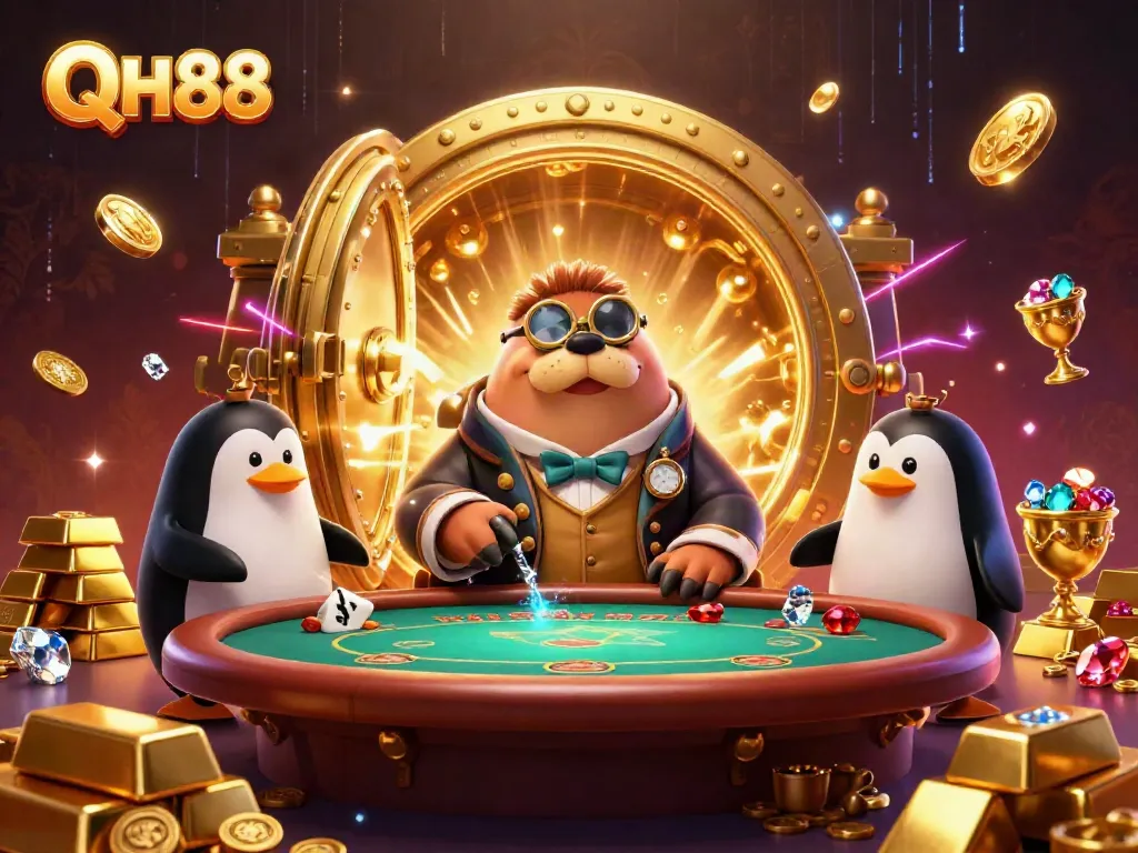Engage with QH88's vibrant casino scene featuring a jolly walrus playing poker with entertaining marine characters.