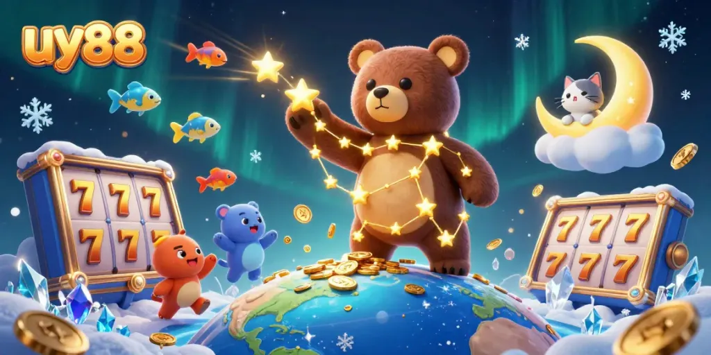 Experience thrilling gameplay with uy88 as the constellation bear scoops up coins amidst dynamic slot game elements.