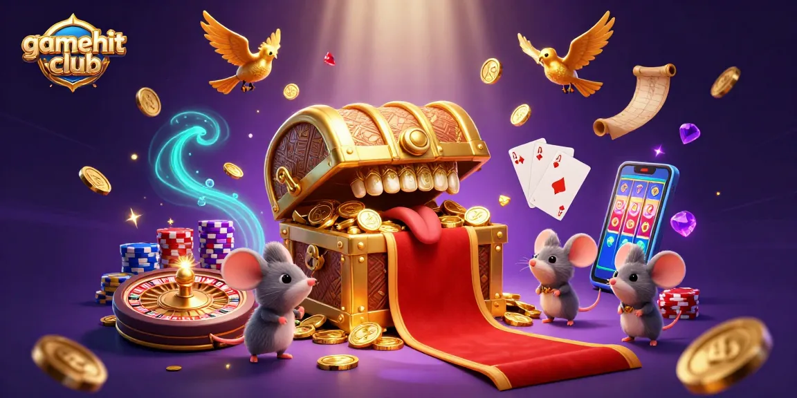 Experience winning riches at gamehitclub with a vibrant 3D casino scene filled with treasures and gaming action.