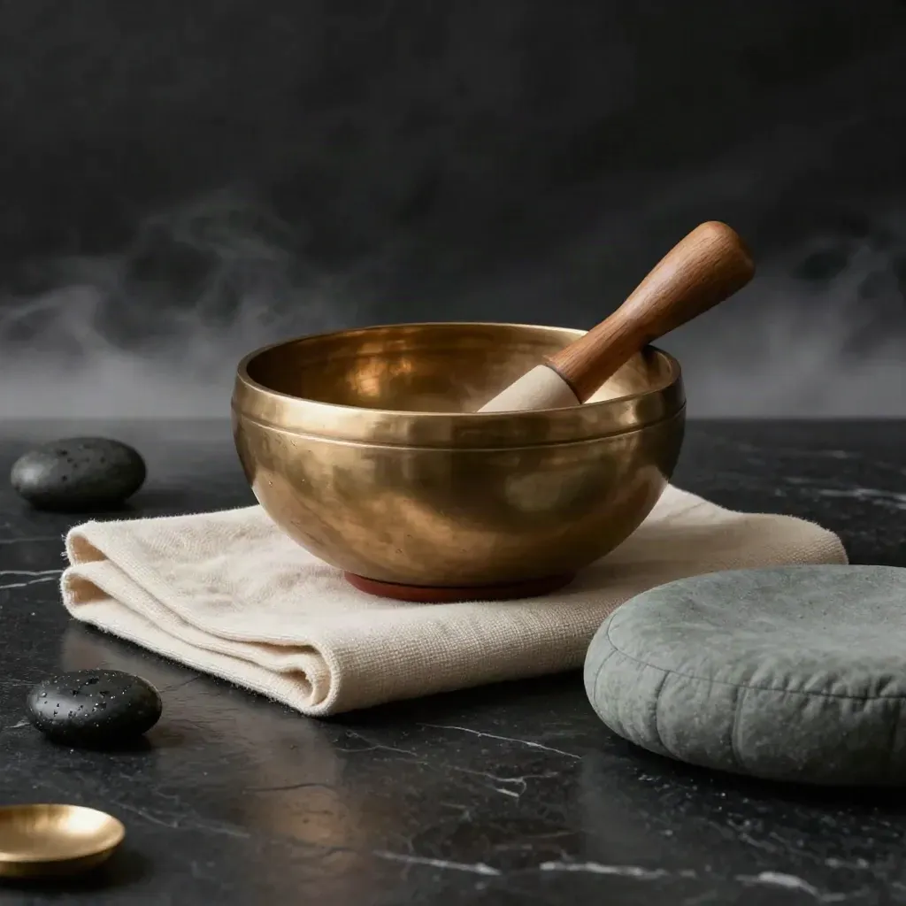 Brass singing bowl, striker, stones, linen mat, and cushion on a dark studio surface.