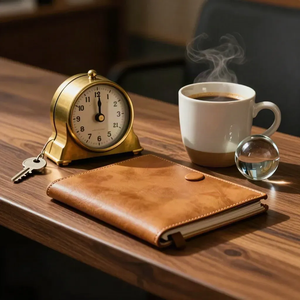 Brass timer, leather folder, coffee cup and glass paperweight on a walnut ledge in moody light.