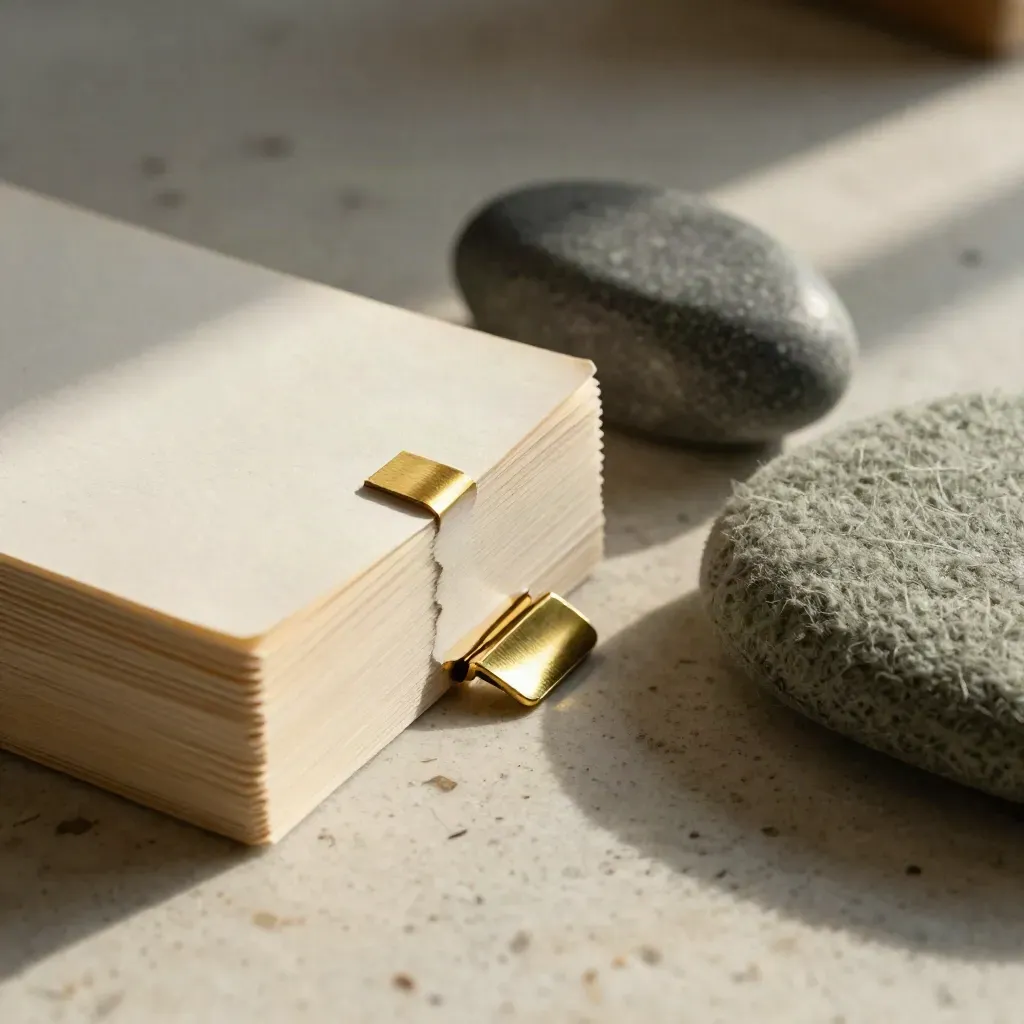 Face-down cue cards, brass clip, stone weight and sage wool pad on travertine.