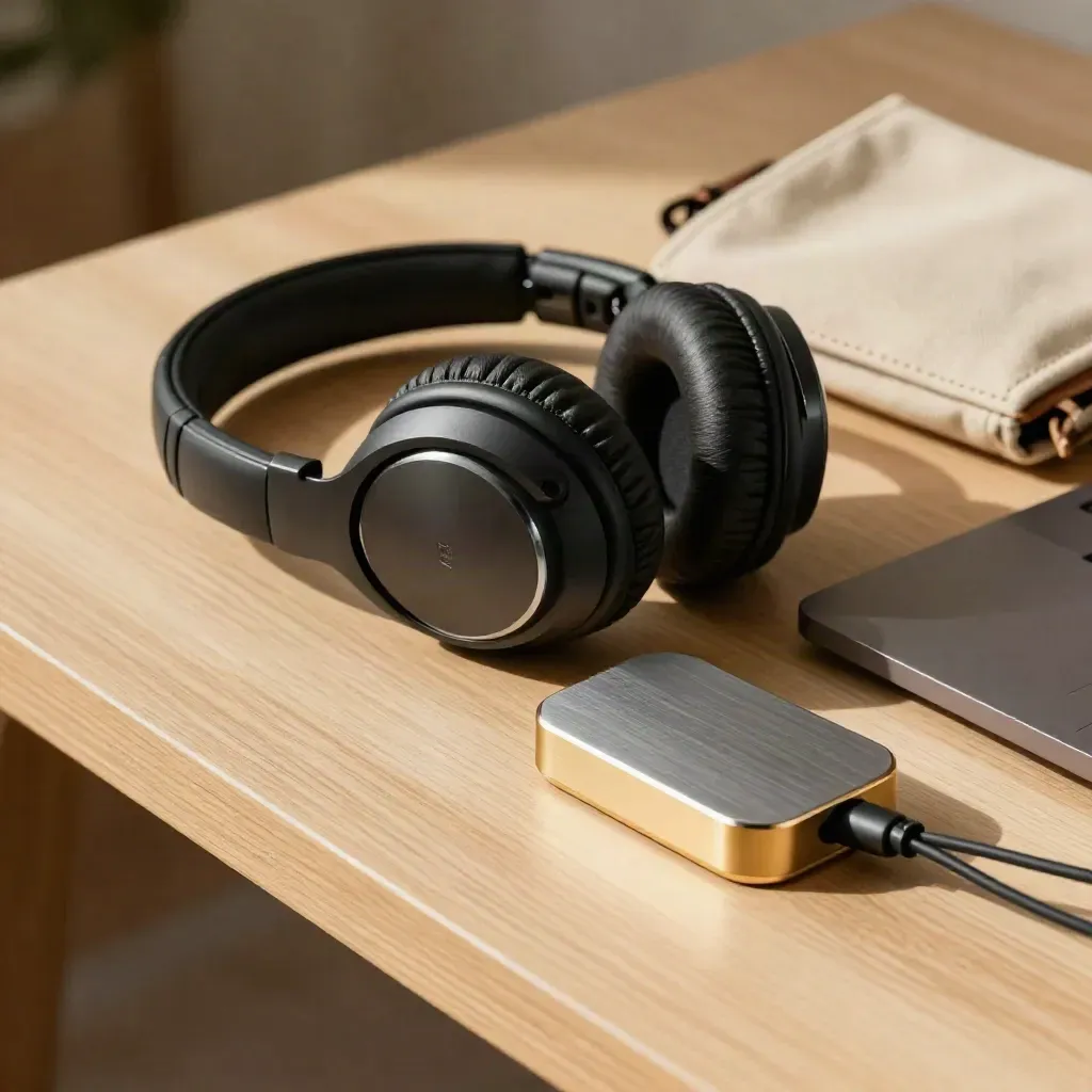 Noise-cancelling headphones, charging dock, cable ties and canvas pouch beside a closed laptop.
