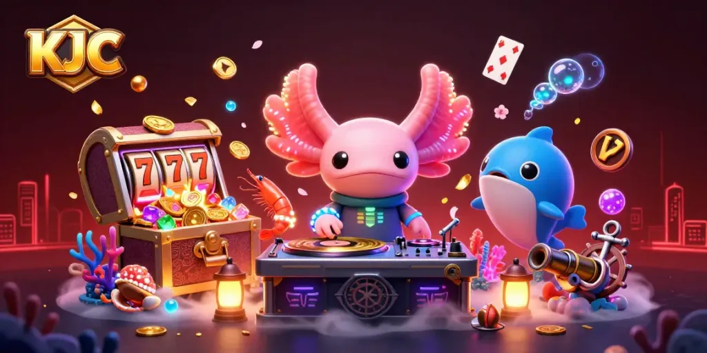 KJC creates excitement with neon DJ and vibrant casino-themed underwater scene featuring slot elements.