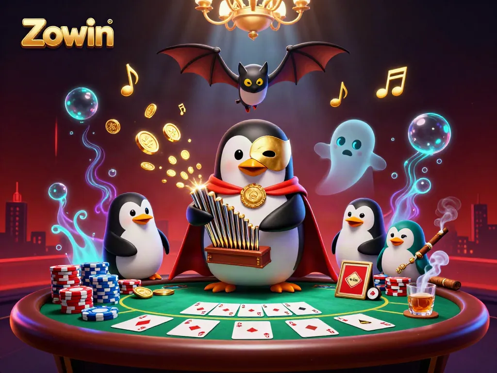 Zowin showcases a vibrant casino scene with a penguin and a bat amidst poker and gaming elements