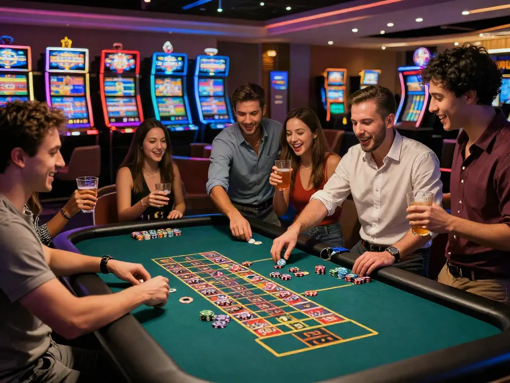 http://11bet-app.net/ friends enjoying a lively casino atmosphere at a roulette table.