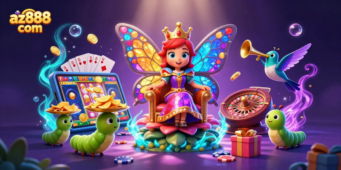 Win big with az888 com at our vibrant casino featuring a butterfly queen, chips, and slot games.