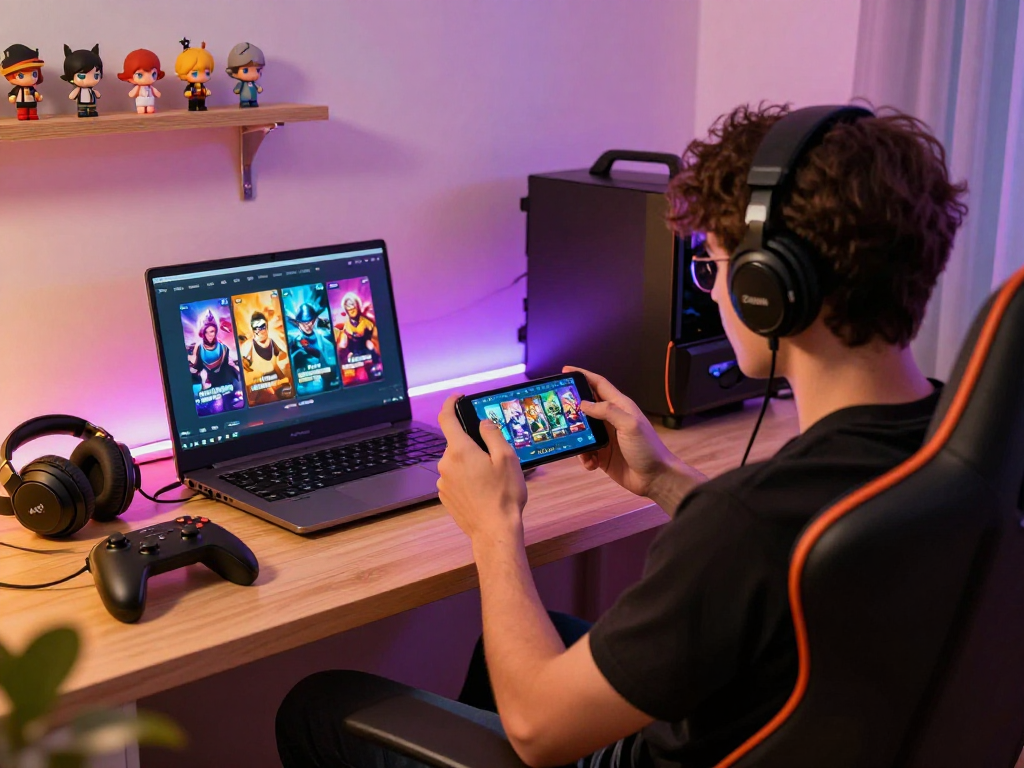 Person enjoying a mobile porn game in a colorful gaming room with vibrant graphics and cozy atmosphere.