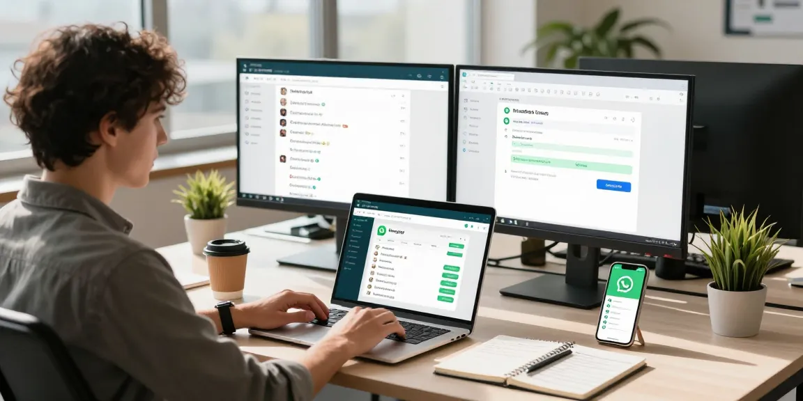Using WhatsApp網頁版 on a laptop in a modern office, showcasing chat interfaces and productivity.