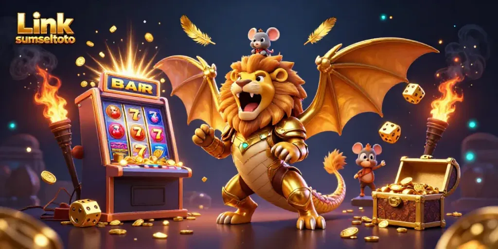 Experience exhilarating wins with Link sumseltoto in this vibrant 3D casino illustration featuring dynamic game elements.