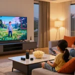 Cozy living room with family enjoying movie night on a mini LED TV, modern decor, and ambient lighting.