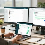 Using WhatsApp網頁版 on a laptop in a modern office, showcasing chat interfaces and productivity.