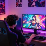 Player enjoying hentai games on a vibrant gaming setup with engaging atmosphere.