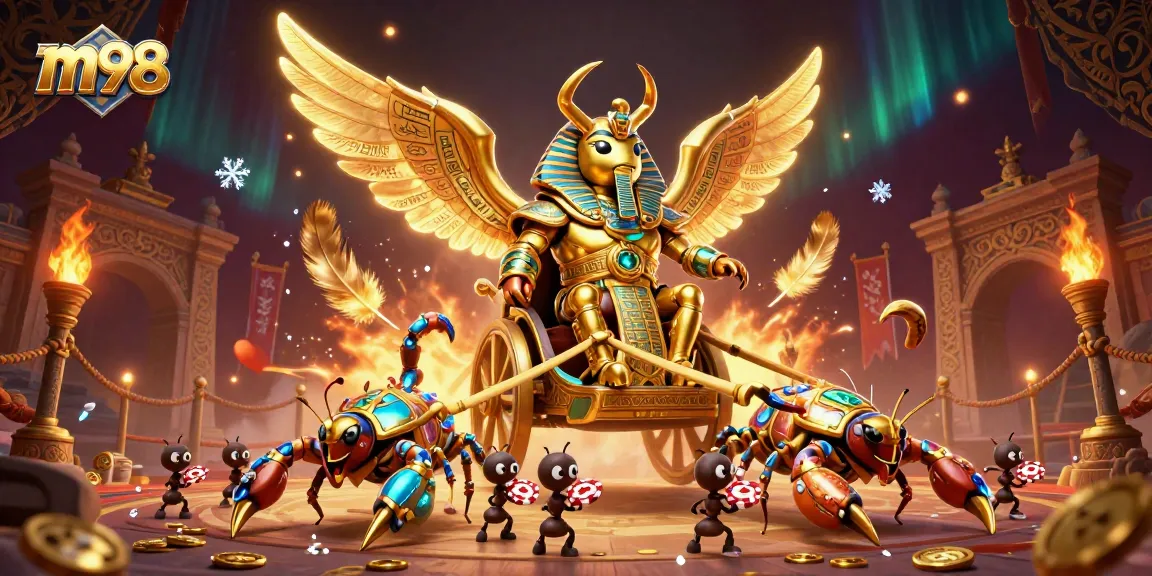 Experience m98's vibrant gaming world featuring ornate game elements and exciting characters in a casino setting.