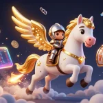 Cổng game bài đổi thưởng Sunwin offers an exciting scene with a celestial horse and knight among gaming elements.