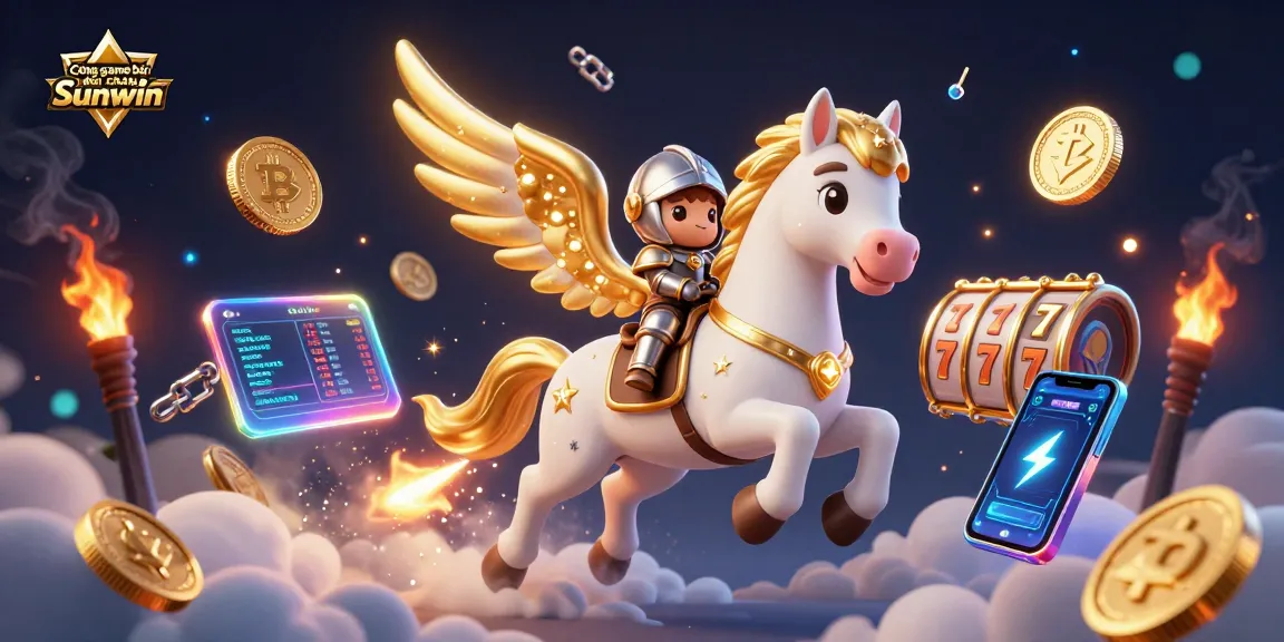 Cổng game bài đổi thưởng Sunwin offers an exciting scene with a celestial horse and knight among gaming elements.