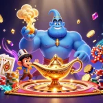 Engage with the thrilling world of TK88 as a muscular genie bursts forth among poker chips and golden coins.