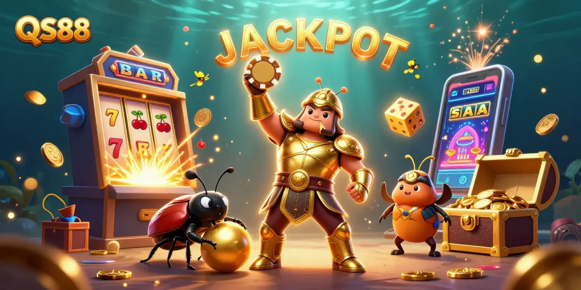 Experience the thrill of QS88 with vibrant gaming illustrated by a roaring jackpot and lively characters.