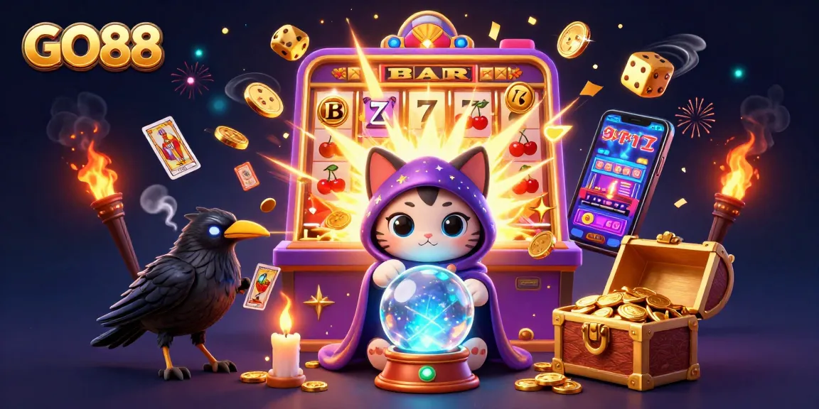 Experience thrilling wins with GO88 at this vibrant casino scene featuring magical elements and exciting games.