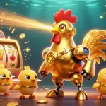 Experience thrilling casino action with casinous, featuring a golden robot and baby chick drones amidst vibrant slot games.