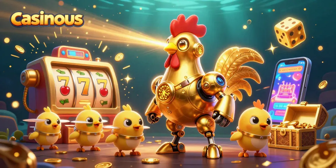 Experience thrilling casino action with casinous, featuring a golden robot and baby chick drones amidst vibrant slot games.