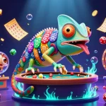 Engage with gamesunwin's vibrant 3D casino adventure featuring lottery balls and a chameleon holding golden coins.
